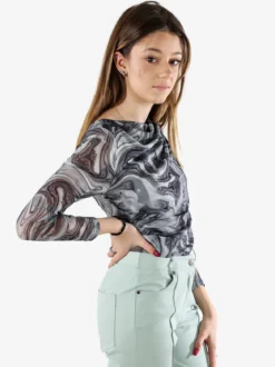 Solada Top body donna a maniche lunghe con scollo a cascata - grigio