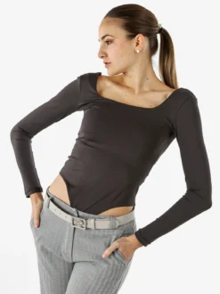 Solada Top body donna a maniche lunghe con scollo davanti e dietro - grigio scuro