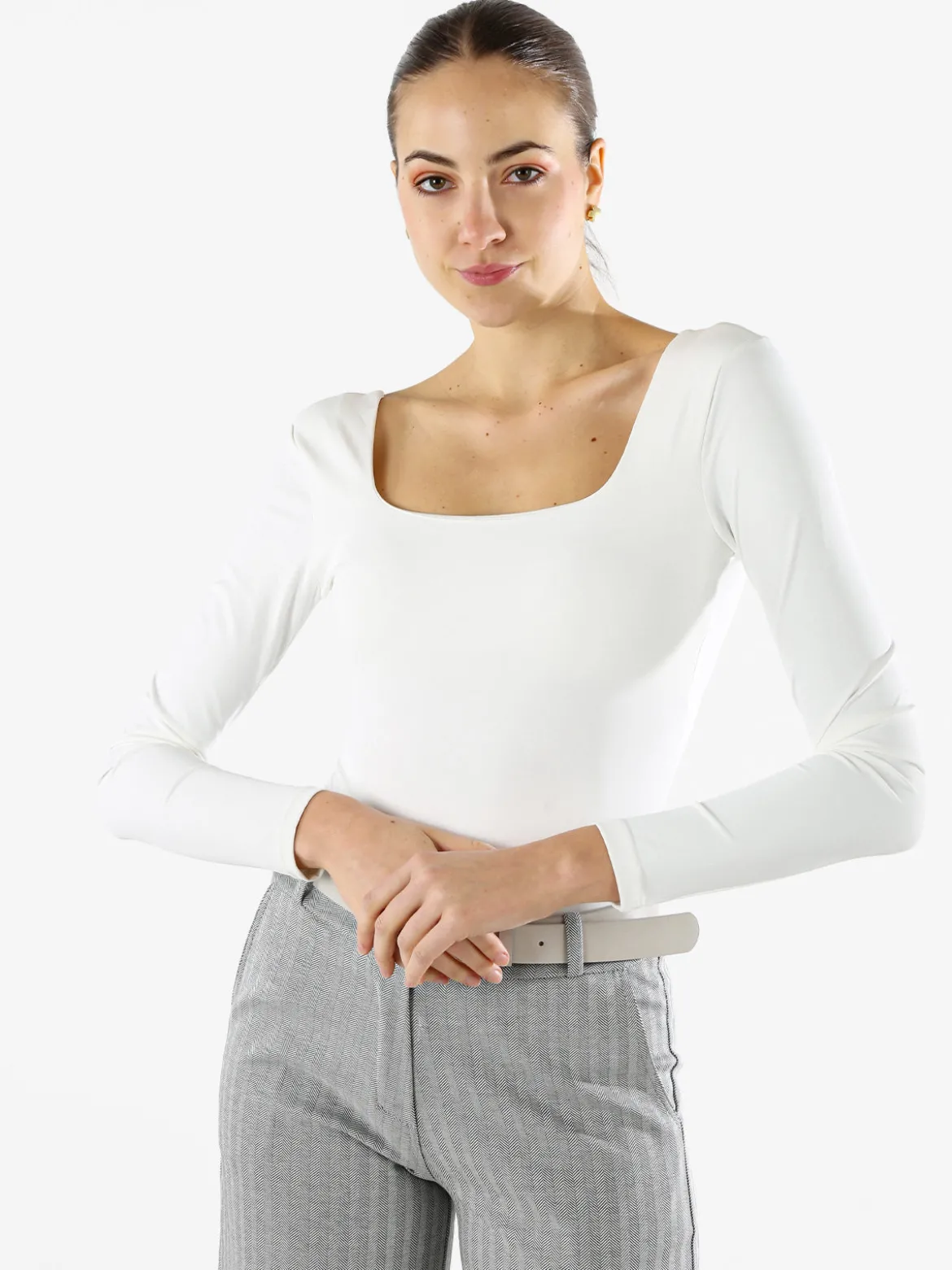 Solada Top body donna a maniche lunghe con scollo davanti e dietro - bianco
