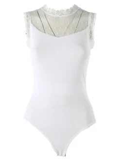 Solada Top body donna senza maniche con inserti in tulle e pizzo - bianco