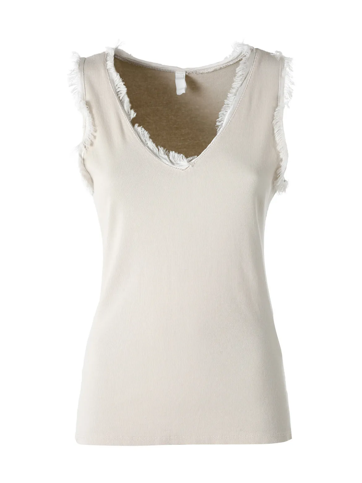 Solada Top donna a costine con scollo a V e bordi sfrangiati - beige