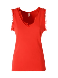 Solada Top donna a costine con scollo a V e bordi sfrangiati - rosso