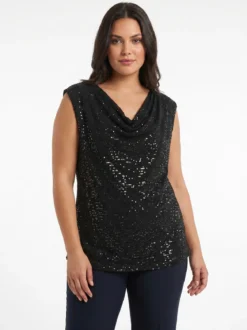 Solada Top donna con paillettes e scollo a cascata linea curvy - nero