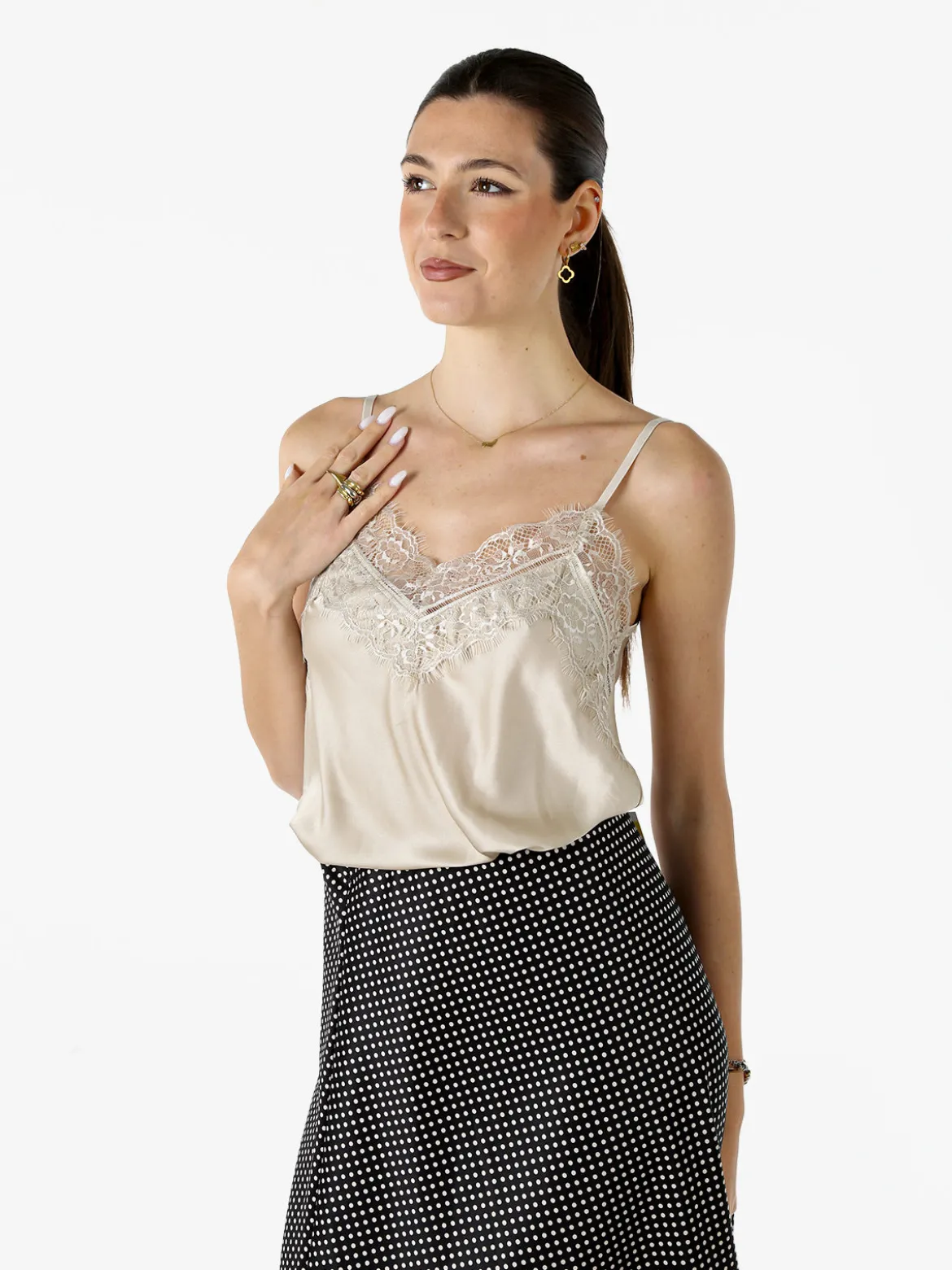 Solada Top donna con spalline sottili e scollo a V con pizzo - beige