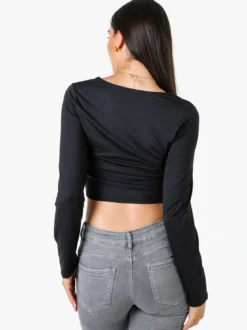 Solada Top donna cropped a maniche lunghe con scollo tondo - nero
