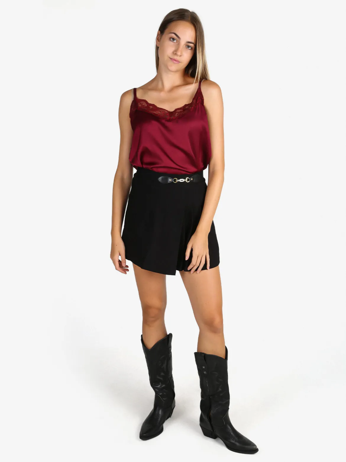 Solada Top donna effetto raso con pizzo - bordeaux