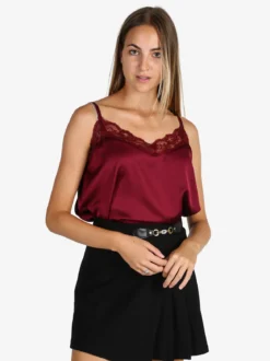 Solada Top donna effetto raso con pizzo - bordeaux
