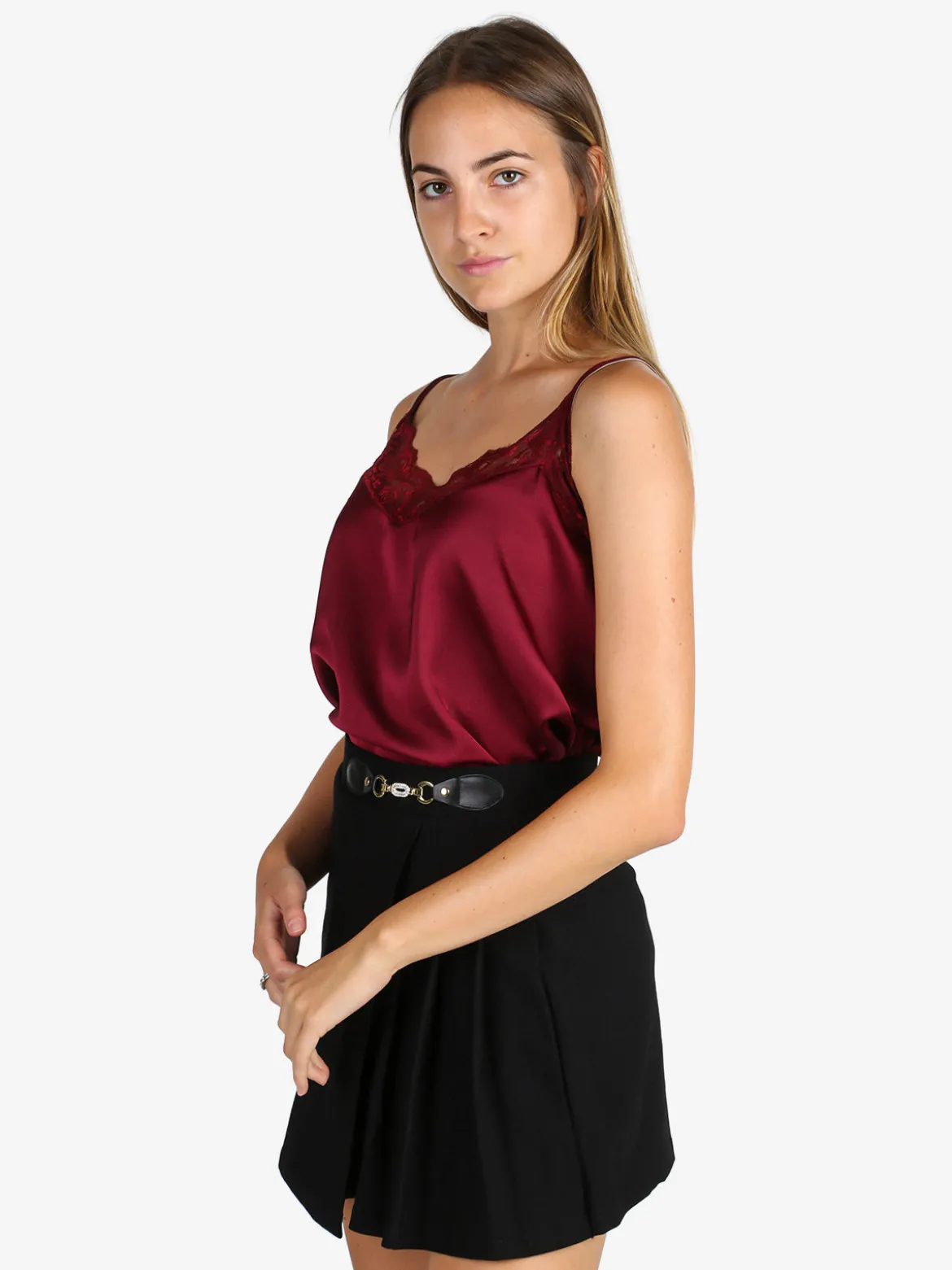 Solada Top donna effetto raso con pizzo - bordeaux