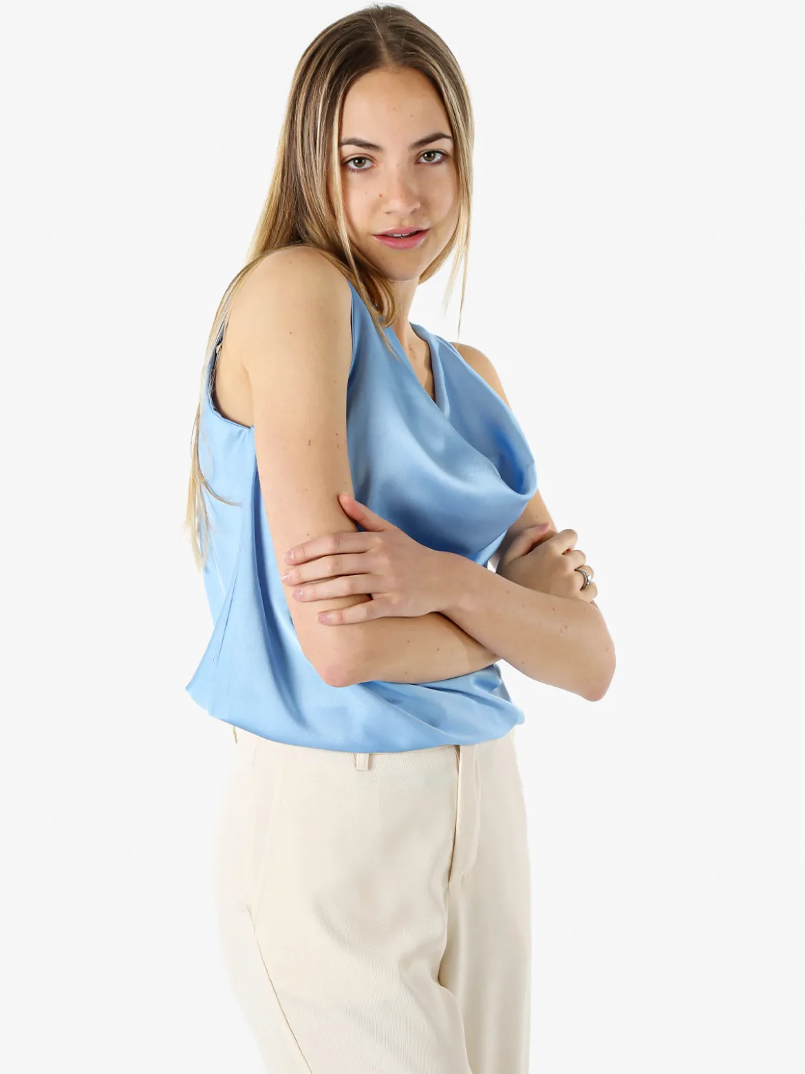 Solada Top donna effetto raso con scollo a cascata - azzurro