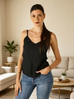 Solada Top donna effetto raso con scollo a V davanti e dietro - nero