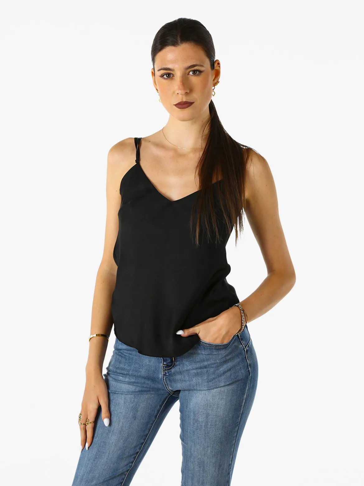 Solada Top donna effetto raso con scollo a V davanti e dietro - nero
