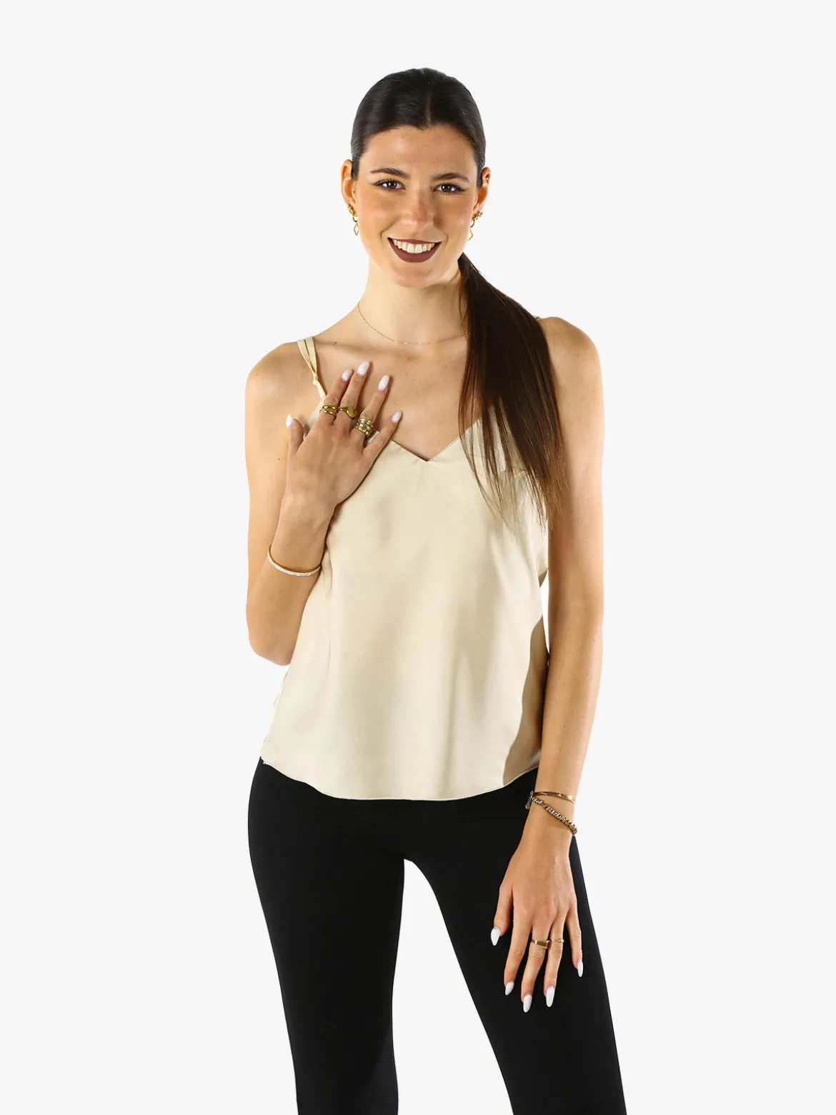 Solada Top donna effetto raso con scollo a V davanti e dietro - beige