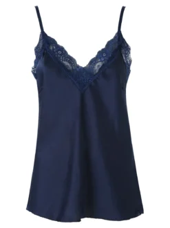 Solada Top donna effetto raso con scollo in pizzo e spalline strette - blu scuro