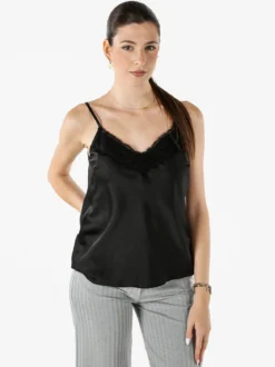 Solada Top donna effetto raso con spalline sottili e dettaglio in pizzo - nero
