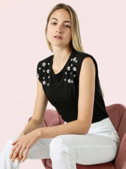 Solada Top donna in cotone con borchie - nero