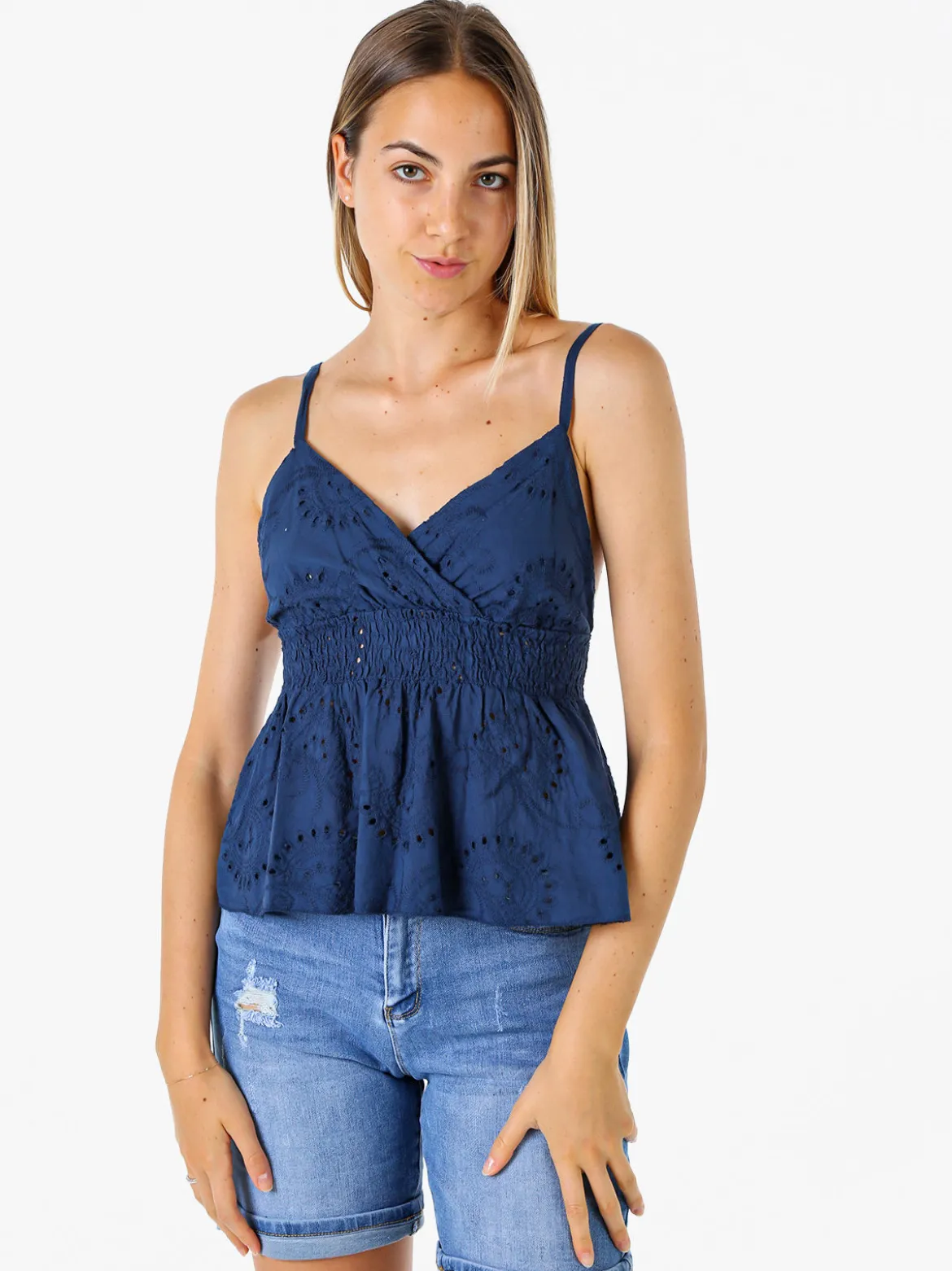Solada Top donna in cotone con dettagli macramè con spalline sottili - blu scuro