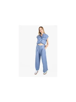 Solada Top donna in misto lino con coulisse laterali - blu