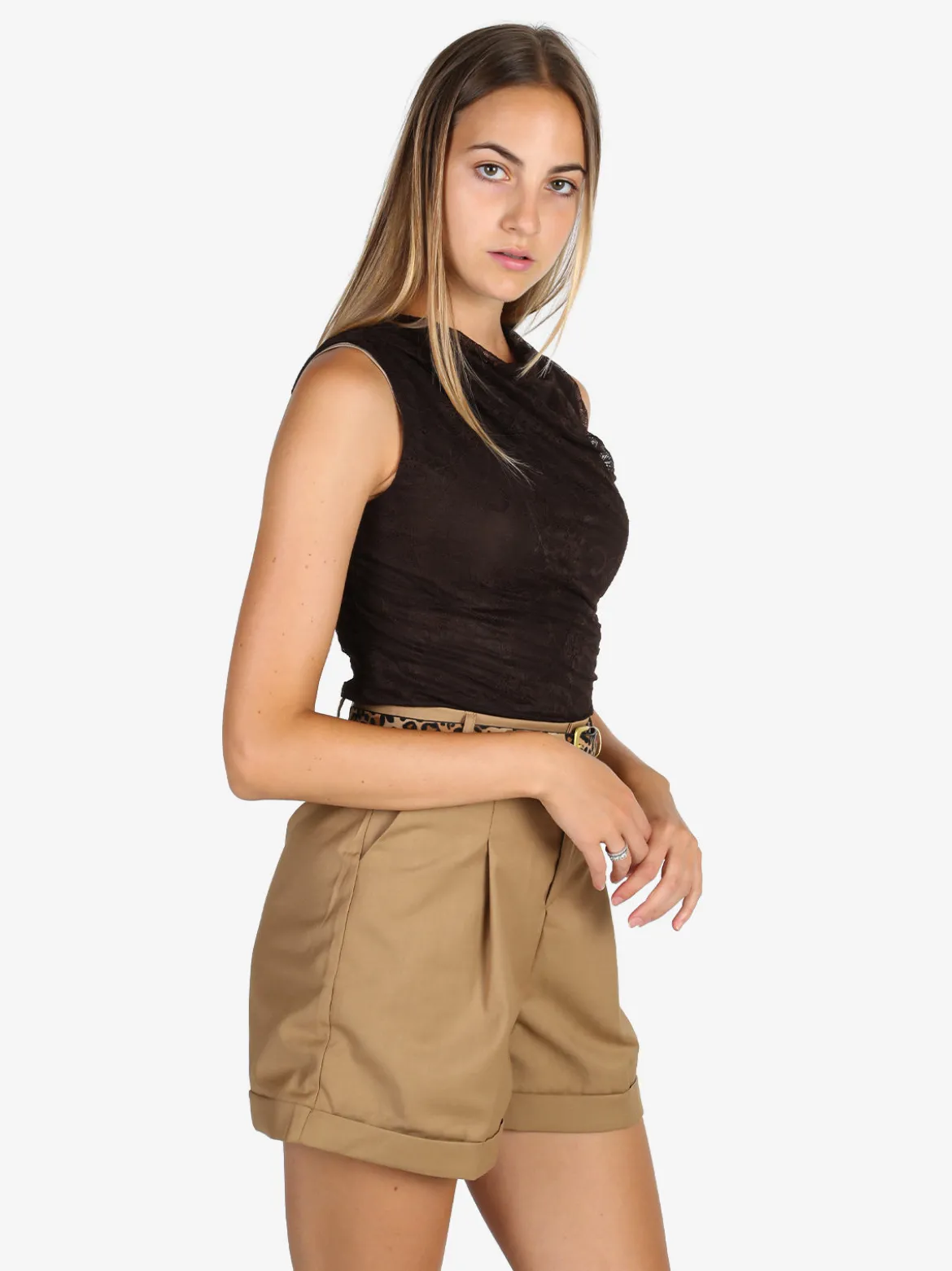 Solada Top donna in pizzo con scollo a cascata - marrone