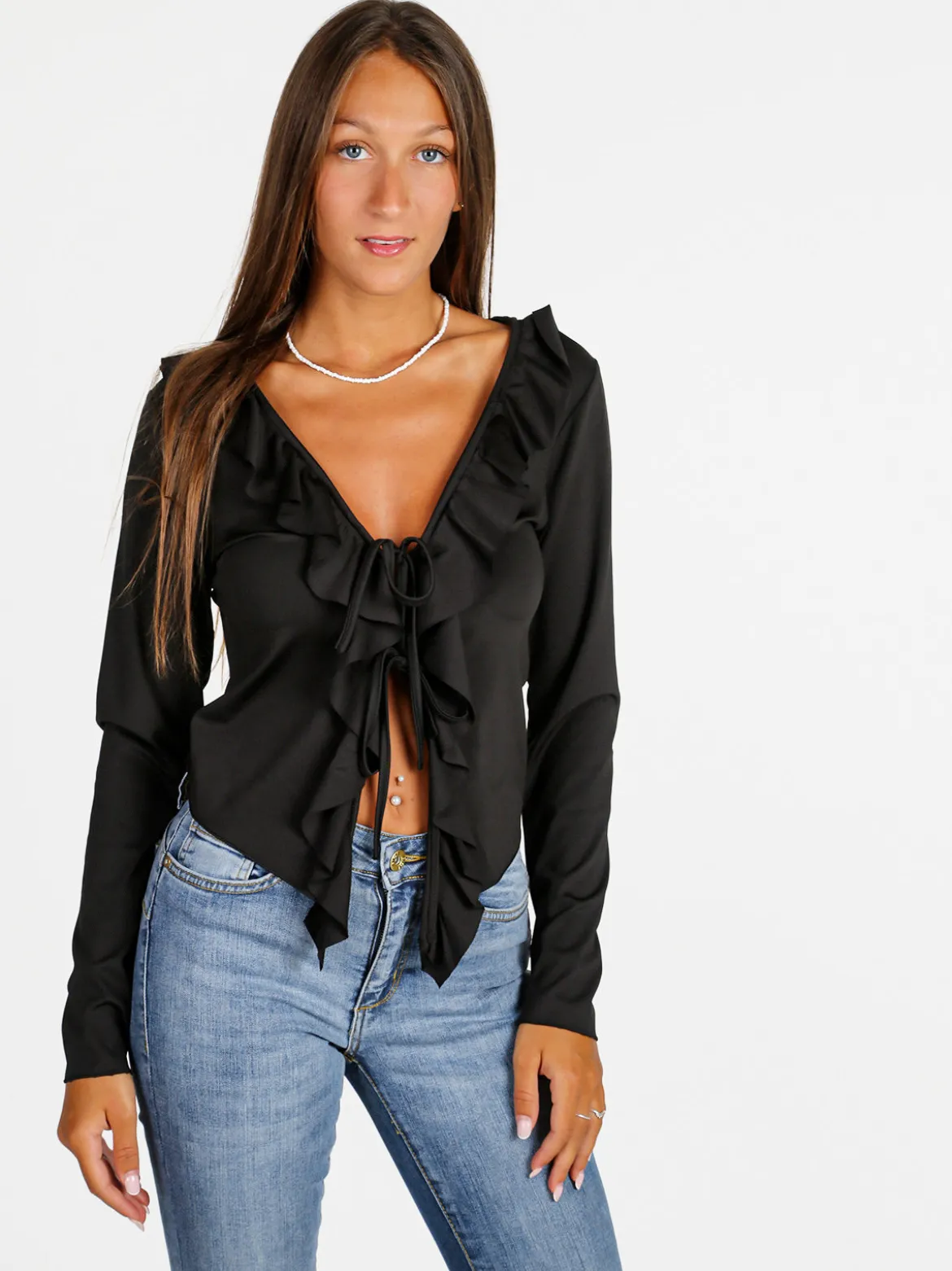Solada Top donna maniche lunghe con scollo a volant - nero