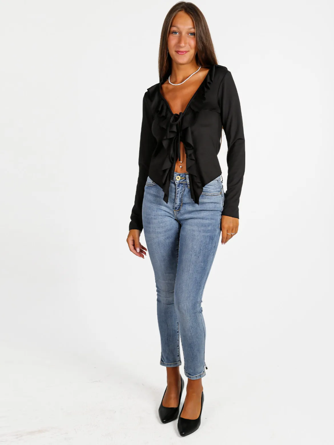 Solada Top donna maniche lunghe con scollo a volant - nero