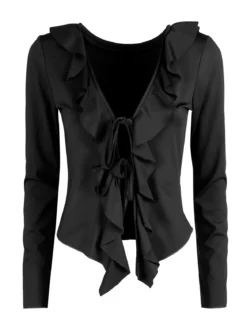 Solada Top donna maniche lunghe con scollo a volant - nero