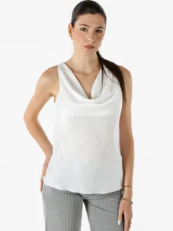 Solada Top donna smanicato con scollo a cascata in tessuto effetto raso - bianco