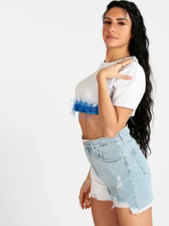 Solada T-shirt cropped donna con piume