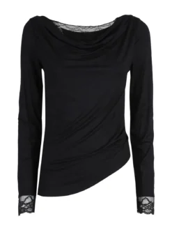 Solada T-shirt donna a maniche lunghe con doppio scollo e dettagli in pizzo - nero