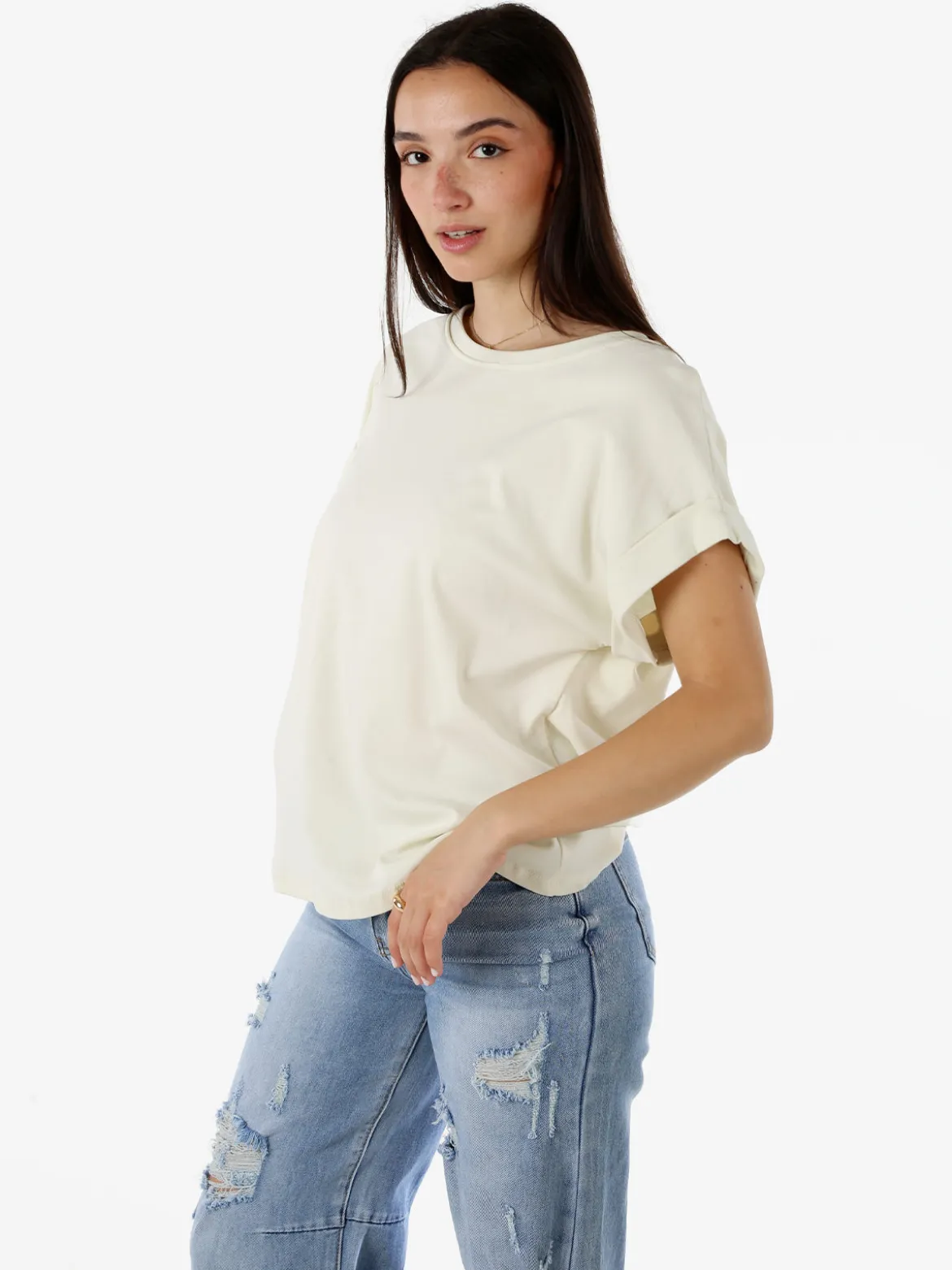 Solada T-shirt donna in cotone con giromaniche risvoltate - panna