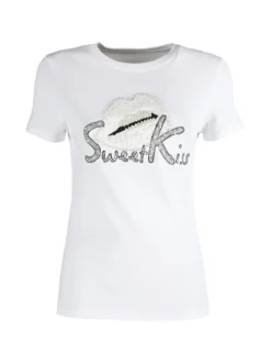 Solada T-shirt donna in cotone con paillettes e perle