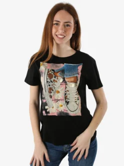Solada T-shirt donna in cotone con stampa disegno e strass - nero