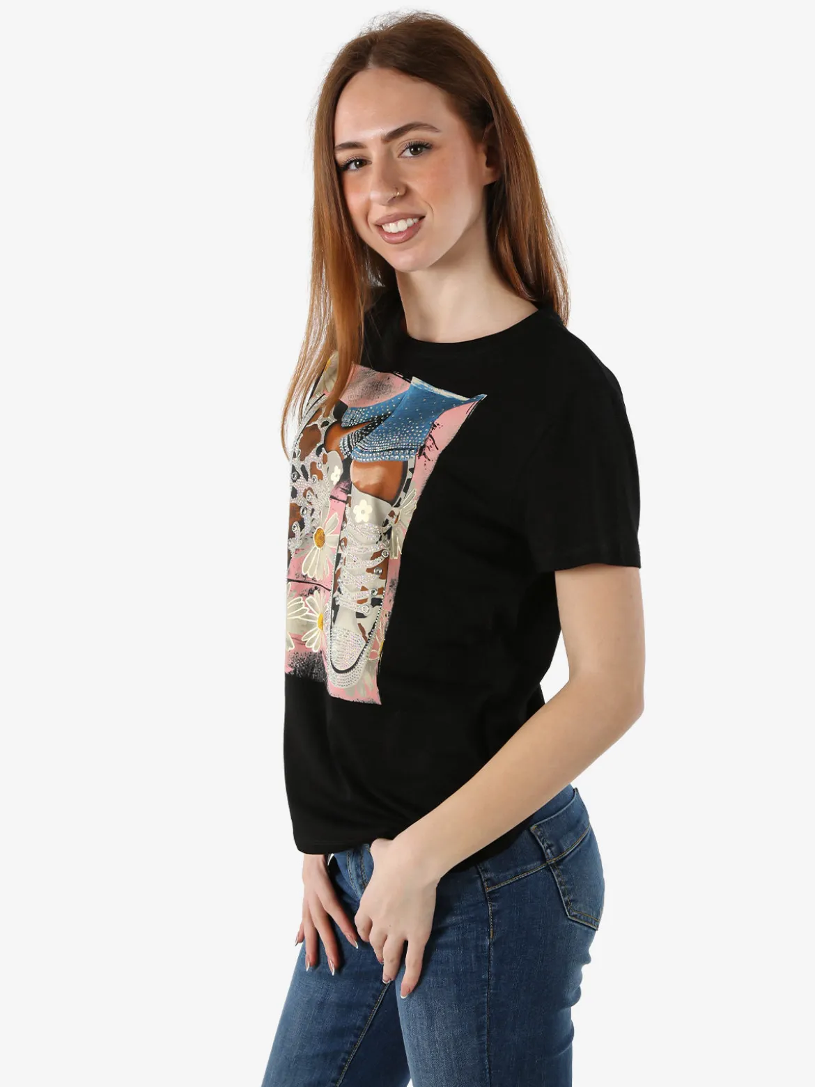 Solada T-shirt donna in cotone con stampa disegno e strass - nero