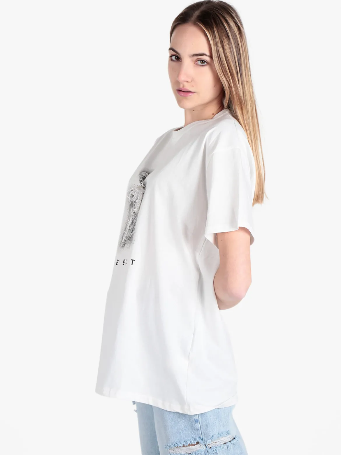 Solada T-shirt donna in cotone con stampa e strass decorativi