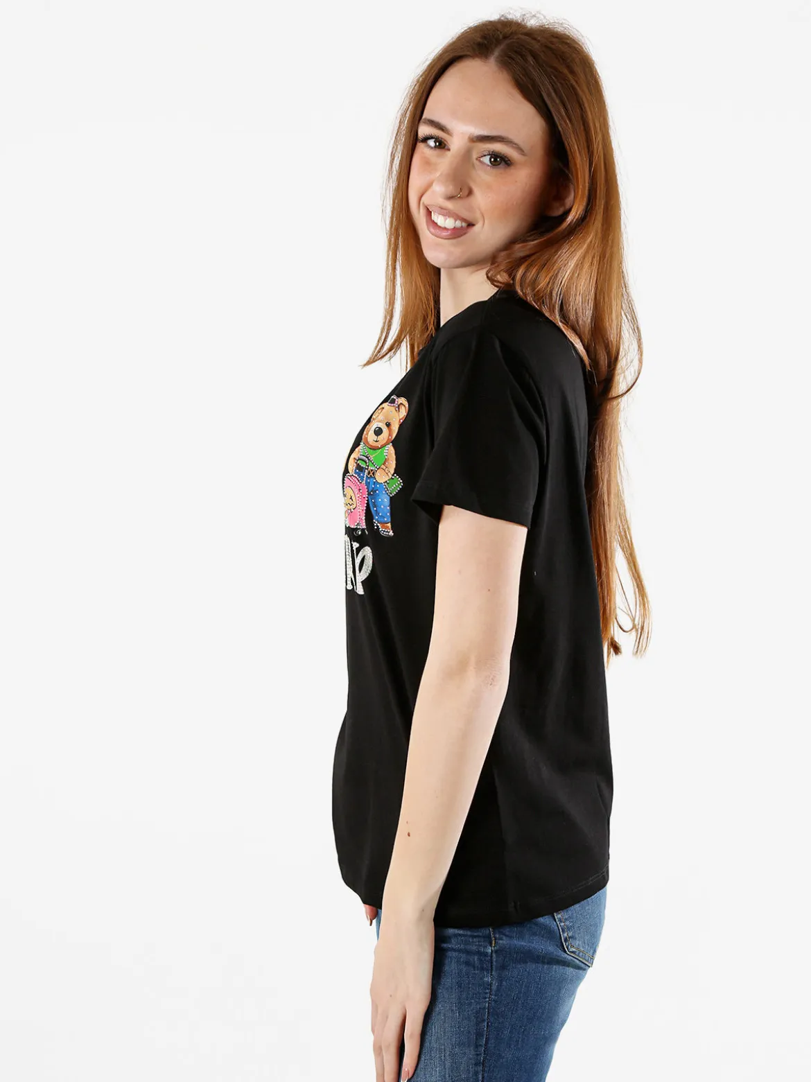 Solada T-shirt donna in cotone con stampa orsacchiotti e strass - nero