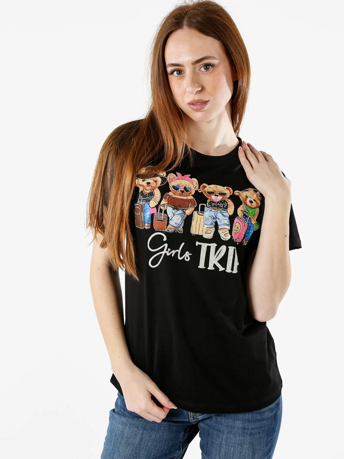 Solada T-shirt donna in cotone con stampa orsacchiotti e strass - nero