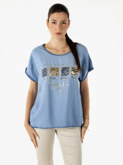 Solada T-shirt donna in misto cotone con maniche a pipistrello e micro borchie - blu