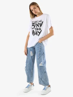 Solada T-shirt donna oversize con spalline imbottite e stampa - bianco