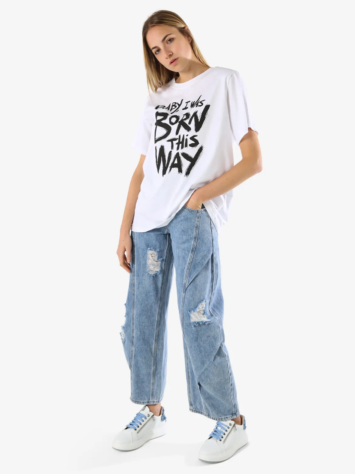 Solada T-shirt donna oversize con spalline imbottite e stampa - bianco
