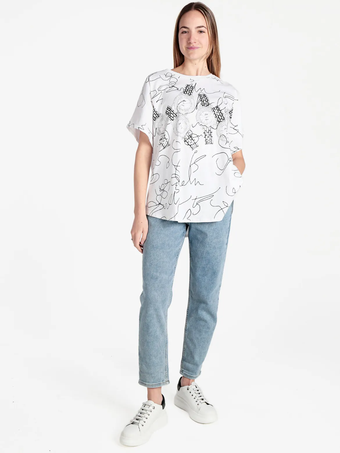 Solada T-shirt donna oversize con stampa disegni e strass