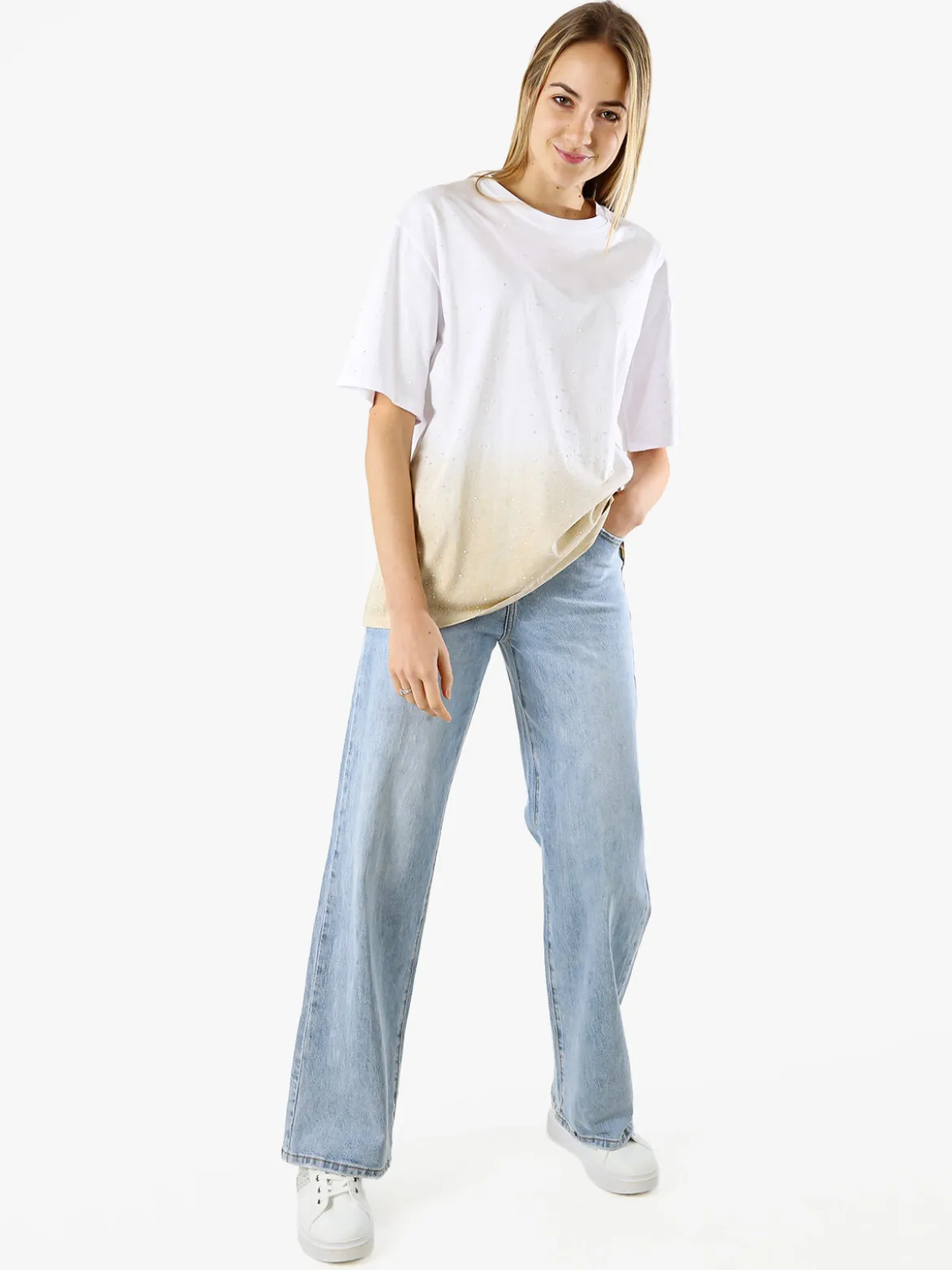 Solada T-shirt donna oversize con strass e sfumatura - beige