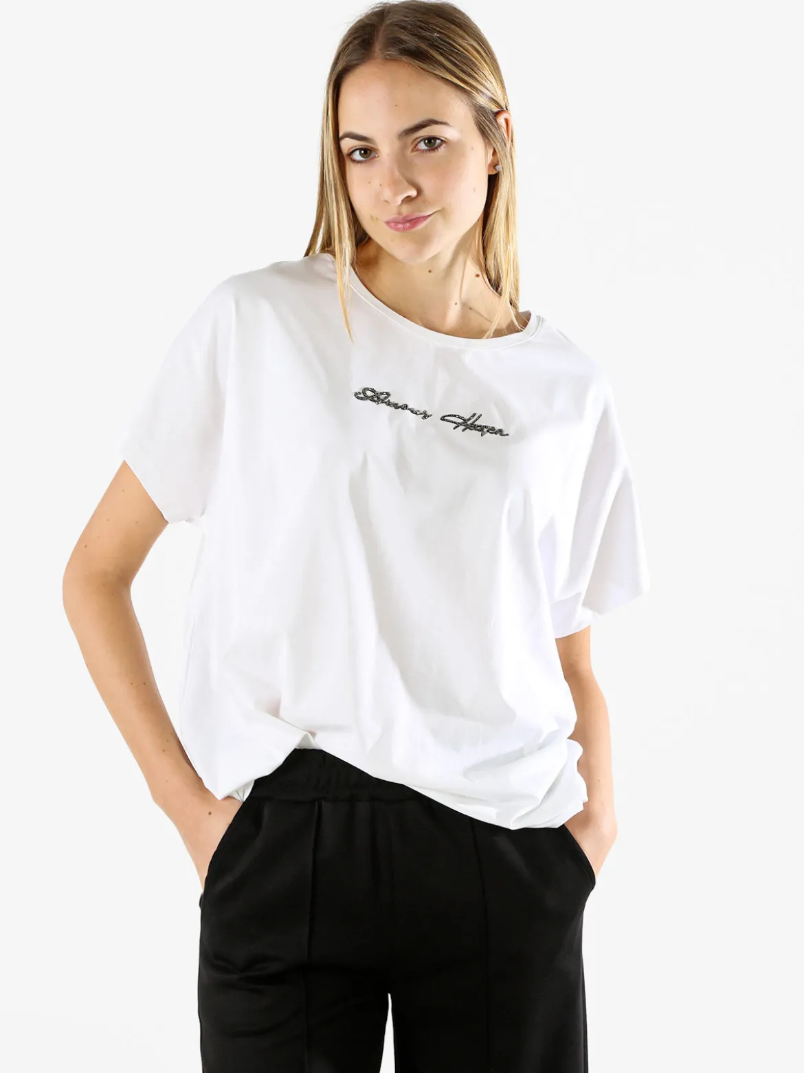 Solada T-shirt donna oversize in cotone con scritta a lustrini - bianco