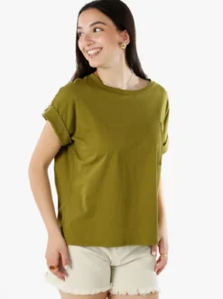 Solada T-shirt donna oversize in cotone con taschino - oliva