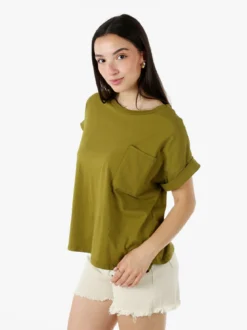 Solada T-shirt donna oversize in cotone con taschino - oliva