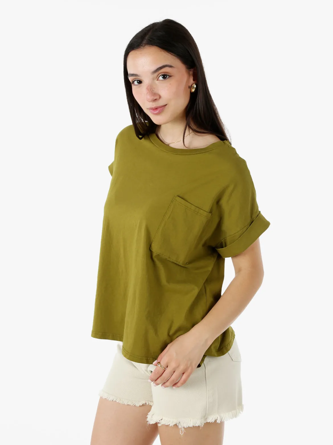 Solada T-shirt donna oversize in cotone con taschino - oliva