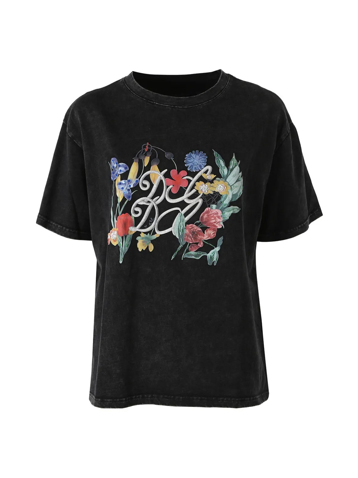 Solada T-shirt oversize da donna in cotone con stampa fiori - nero