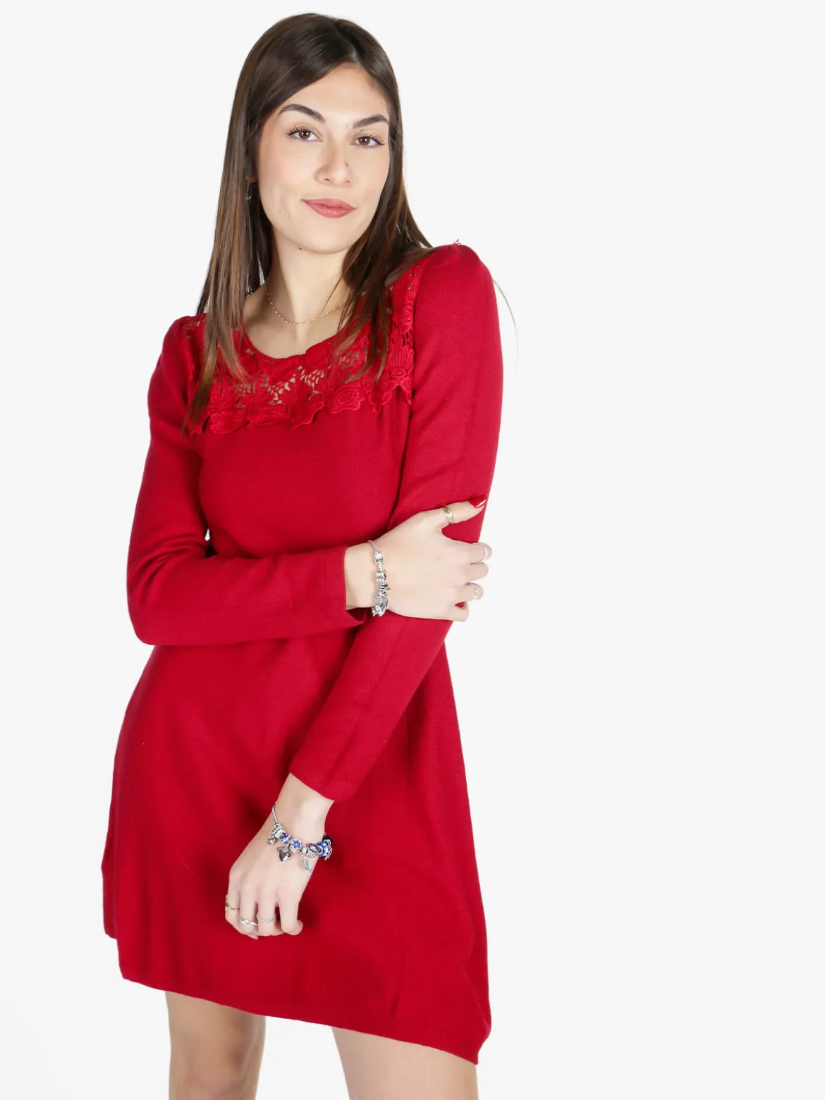 Solada Vestito da donna a maniche lunghe con scollo in pizzo macramè