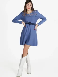 Solada Vestito da donna a maniche lunghe con scollo in pizzo macramè