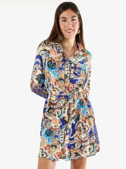 Solada Vestito donna a camicia con stampe a maniche lunghe e taschino - blu