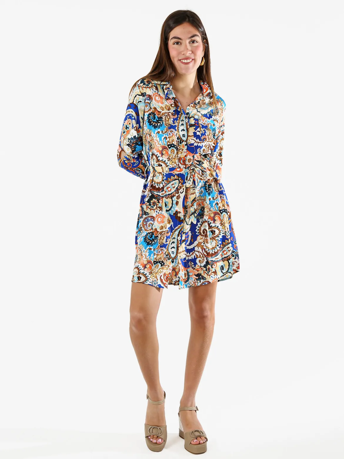 Solada Vestito donna a camicia con stampe a maniche lunghe e taschino - blu