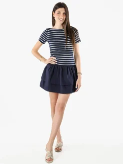 Solada Vestito donna a maniche corte con stampa a righe e gonna svasata - blu scuro